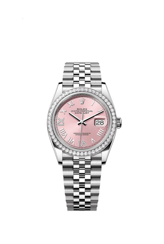 Rolex Datejust 36, Oystersteel and 18k White Gold, Pink set with diamonds dial, Diamond-set bezel Jubilee, Ref# 126284rbr-0057