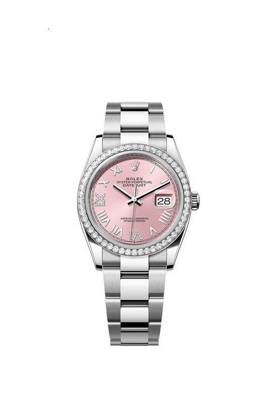 Rolex Datejust 36, Oystersteel and 18k White Gold, Pink set with diamonds dial, Diamond-set bezel Oyster, Ref# 126284rbr-0058