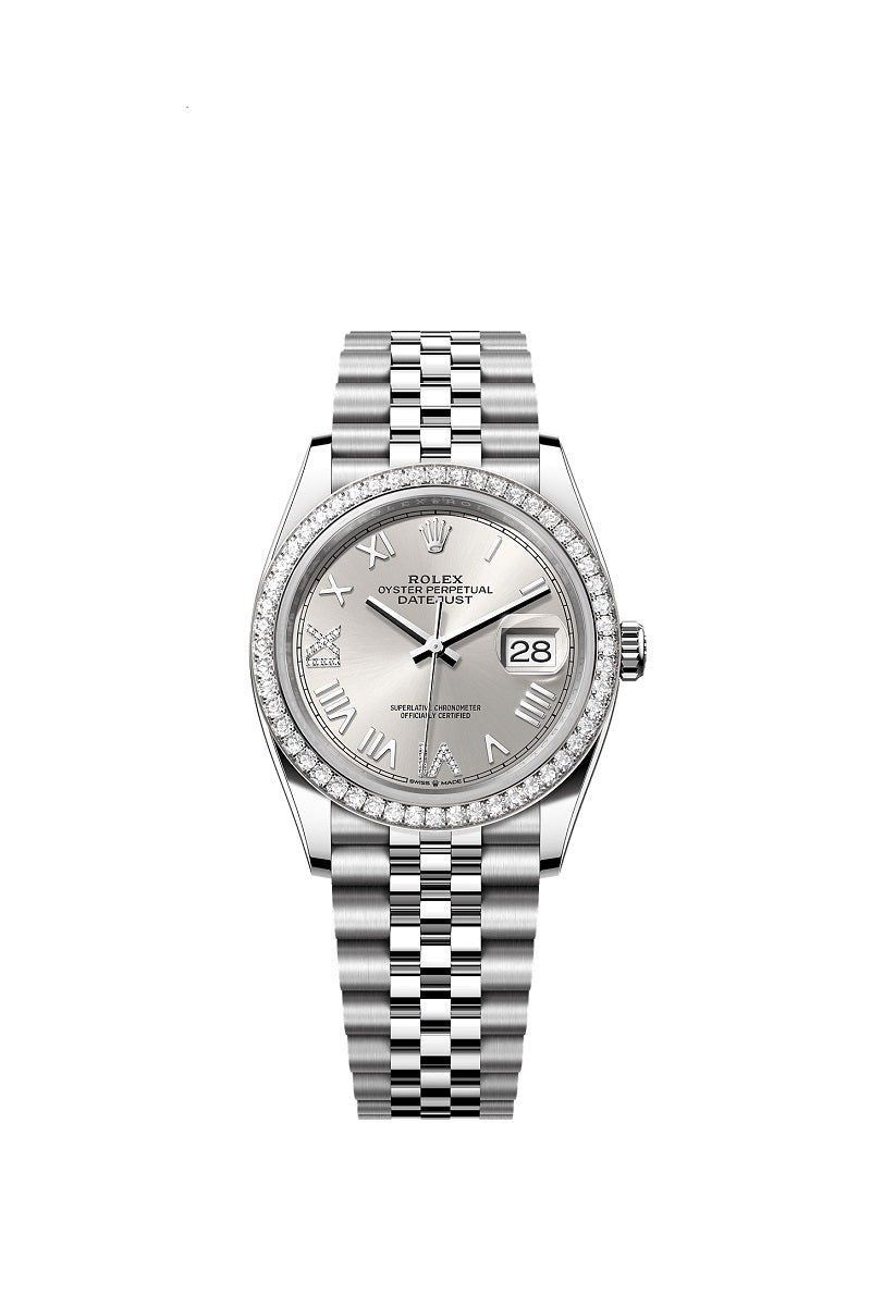 Rolex Datejust 36, Oystersteel and 18k White Gold, Silver set with diamonds dial, Diamond-set bezel Jubilee, Ref# 126284rbr-0059