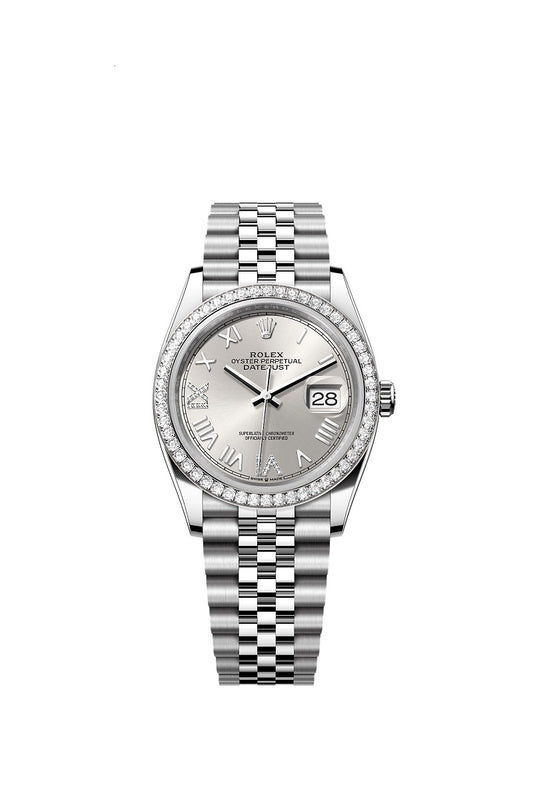 Rolex Datejust 36, Oystersteel and 18k White Gold, Silver set with diamonds dial, Diamond-set bezel Jubilee, Ref# 126284rbr-0059