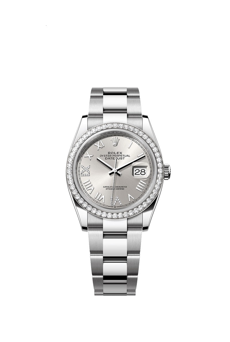 Rolex Datejust 36, Oystersteel and 18k White Gold, Silver set with diamonds dial, Diamond-set bezel Oyster, Ref# 126284rbr-0060