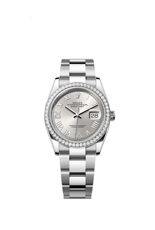 Rolex Datejust 36, Oystersteel and 18k White Gold, Silver set with diamonds dial, Diamond-set bezel Oyster, Ref# 126284rbr-0060