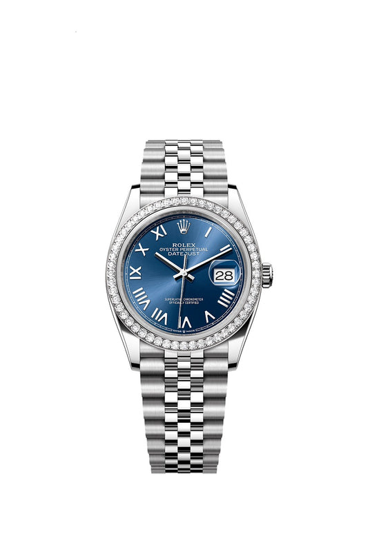 Rolex Datejust 36, Oystersteel and 18k White Gold, Bright blue sunray dial, Diamond-set bezel Jubilee, Ref# 126284rbr-0061