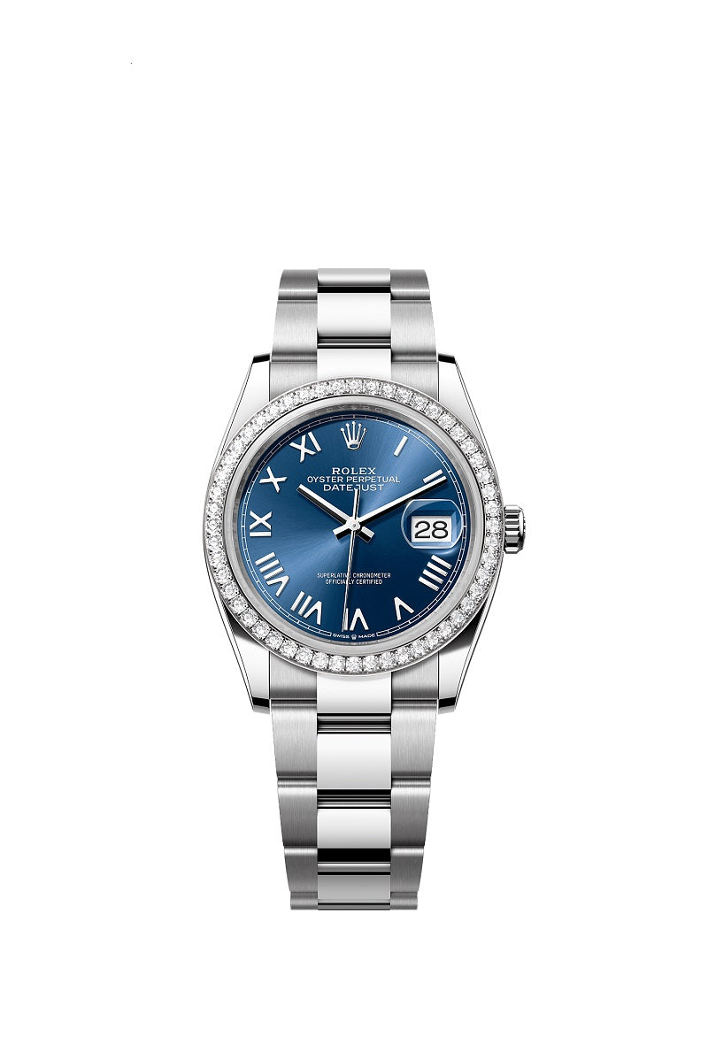 Rolex Datejust 36, Oystersteel and 18k White Gold, Bright blue sunray, Diamond-set bezel Oyster, Ref# 126284rbr-0062