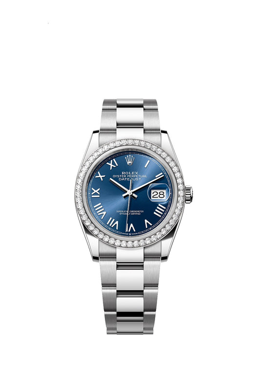 Rolex Datejust 36, Oystersteel and 18k White Gold, Bright blue sunray, Diamond-set bezel Oyster, Ref# 126284rbr-0062