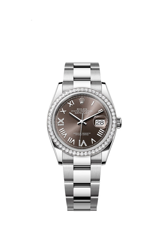 Rolex Datejust 36, Oystersteel and 18k White Gold, Dark grey set with diamonds dial, Diamond-set bezel Oyster, Ref# 126284rbr-0064