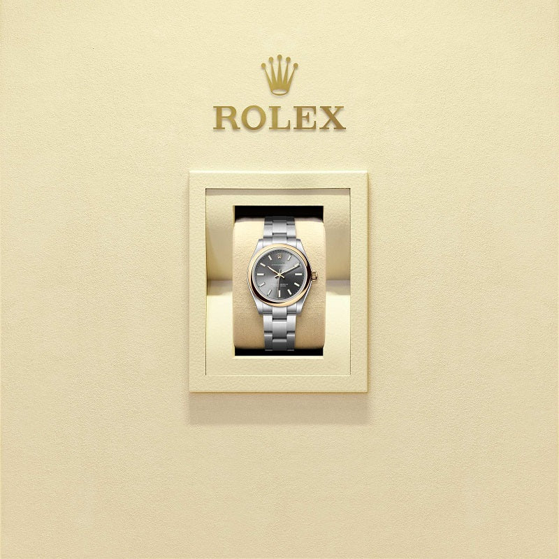 Rolex Oyster Perpetual 31, Oystersteel and 18k Yellow Gold, 31mm, Slate dial, Domed Oyster, Ref# 277203-0001, Watch in box