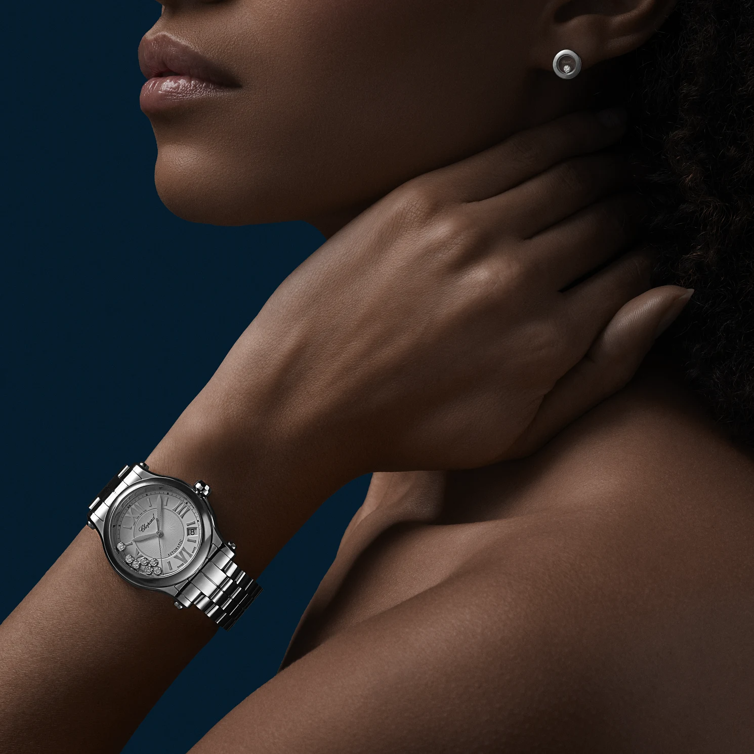 Unworn Chopard Happy Sport, Stainless Steel, 7 floating diamonds, 36mm, Ref# 278559-3002, Watch on hand