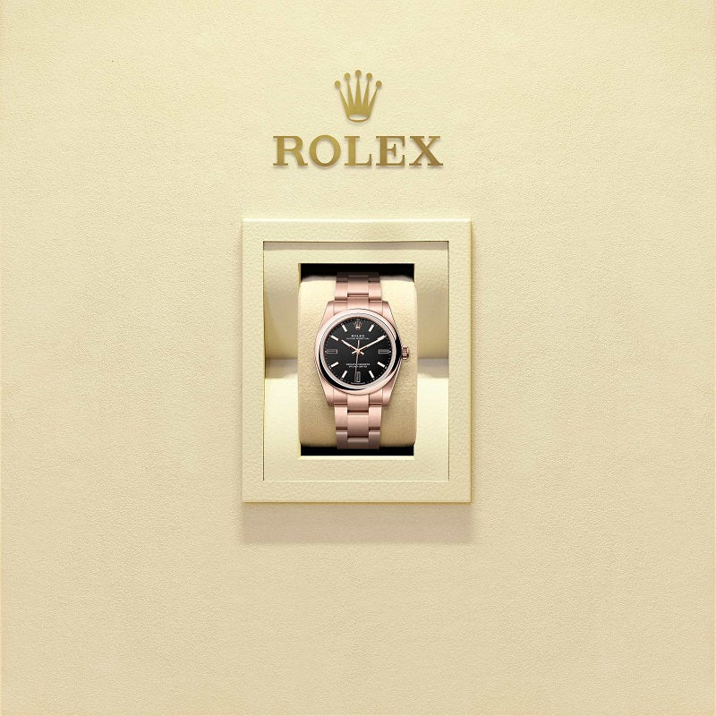 Rolex Oyster Perpetual 34, 18k Everose Gold, 34mm, Black dial, Domed Oyster, Ref# 124205-0001, Watch in  box