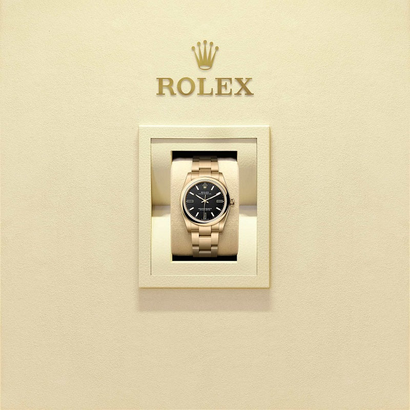 Rolex Oyster Perpetual 34, 18k Yellow Gold, 34mm, Black dial, Domed Oyster, Ref# 124208-0001, Watch in box