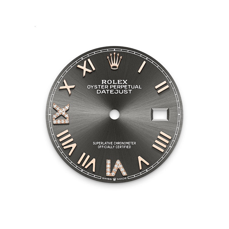Rolex Datejust 36, Oystersteel and 18k Everose Gold, Slate set with diamonds dial, Fluted Jubilee, Ref# 126231-0047, Dial