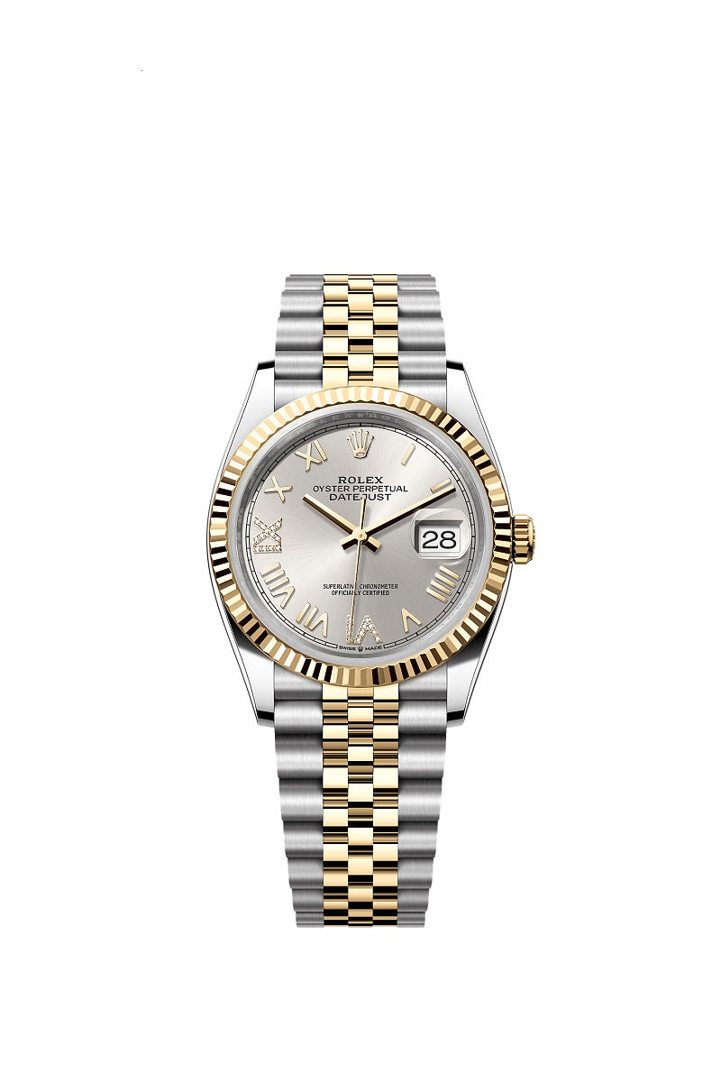 Rolex Datejust 36, Oystersteel and 18k Yellow Gold, Silver set with Diamonds dial, Fluted Jubilee, Ref# 126233-0051