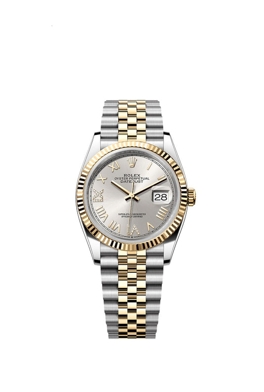 Rolex Datejust 36, Oystersteel and 18k Yellow Gold, Silver set with Diamonds dial, Fluted Jubilee, Ref# 126233-0051