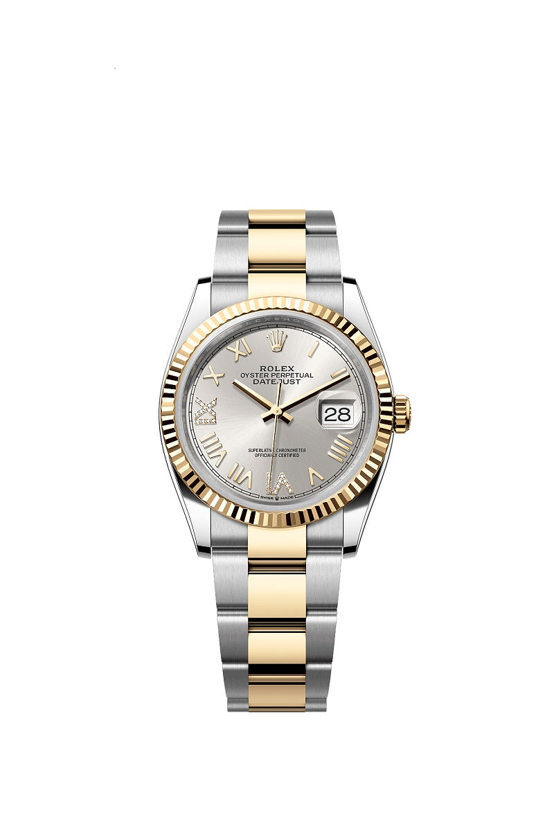 Rolex Datejust 36, Oystersteel and 18k Yellow Gold, Silver set with Diamonds dial, Fluted Oyster, Ref# 126233-0052