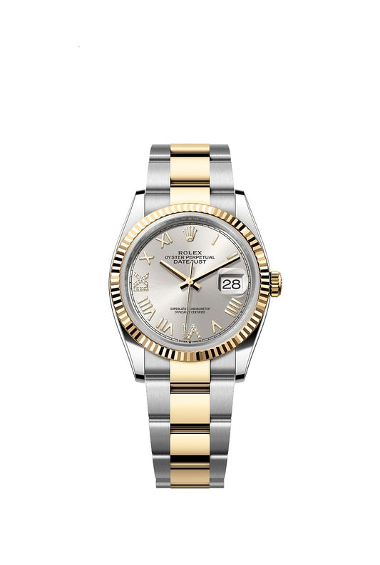Rolex Datejust 36, Oystersteel and 18k Yellow Gold, Silver set with Diamonds dial, Fluted Oyster, Ref# 126233-0052