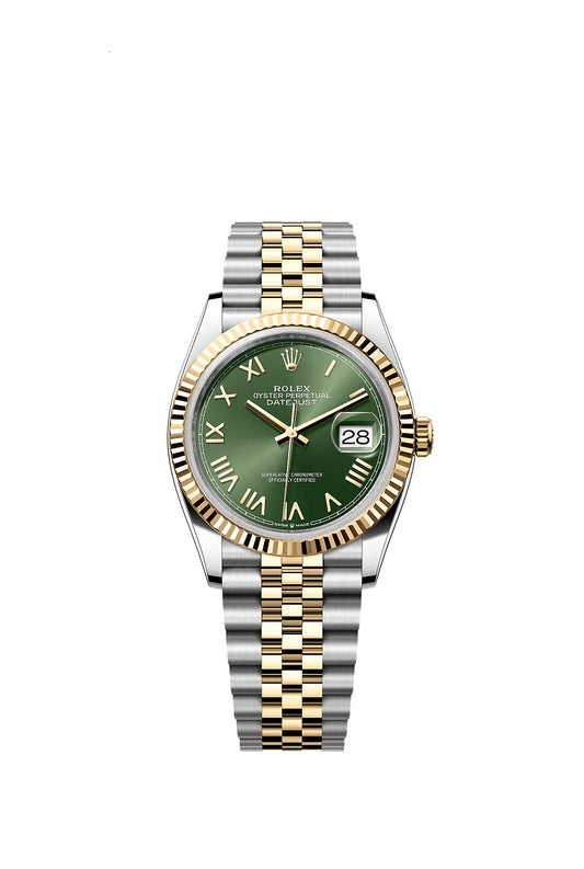 Rolex Datejust 36, Oystersteel and 18k Yellow Gold, Olive green Roman sunray dial, Fluted Jubilee, Ref# 126233-0053