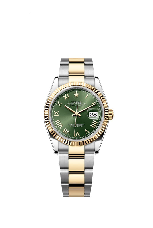 Rolex Datejust 36, Oystersteel and 18k Yellow Gold, Olive green sunray Roman dial, Fluted Oyster, Ref# 126233-0054