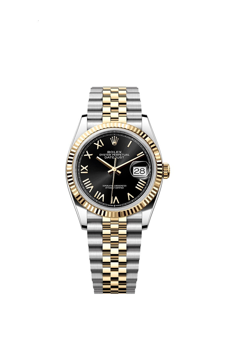Rolex Datejust 36, Oystersteel and 18k Yellow Gold, Bright black sunray Roman dial, Fluted Jubilee, Ref# 126233-0055