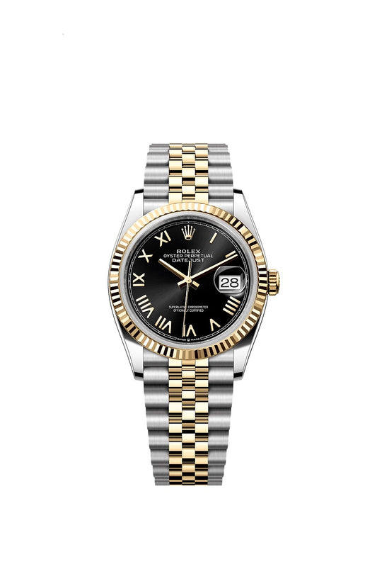 Rolex Datejust 36, Oystersteel and 18k Yellow Gold, Bright black sunray Roman dial, Fluted Jubilee, Ref# 126233-0055