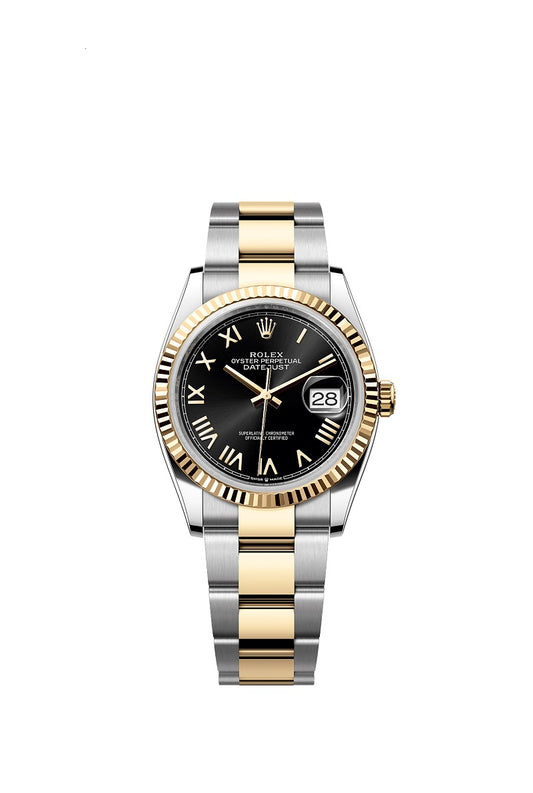Rolex Datejust 36, Oystersteel and 18k Yellow Gold, Bright black sunray Roman dial, Fluted Oyster, Ref# 126233-0056