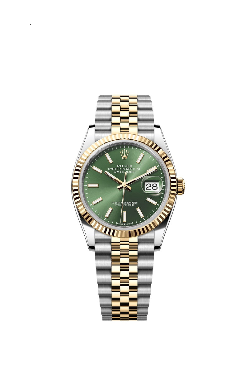 Rolex Datejust 36, Oystersteel and 18k Yellow Gold, Olive green sunray dial, Fluted Jubilee, Ref# 126233-0057