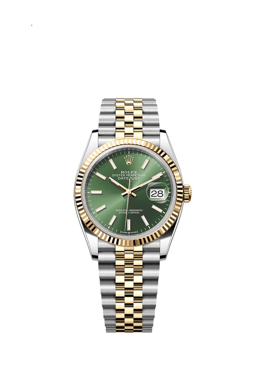 Rolex Datejust 36, Oystersteel and 18k Yellow Gold, Olive green sunray dial, Fluted Jubilee, Ref# 126233-0057