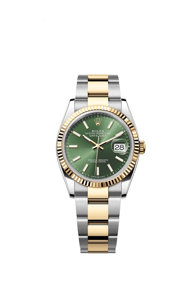 Rolex Datejust 36, Oystersteel and 18k Yellow Gold, Olive green sunray dial, Fluted Oyster, Ref# 126233-0058