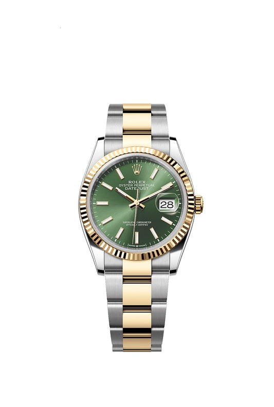 Rolex Datejust 36, Oystersteel and 18k Yellow Gold, Olive green sunray dial, Fluted Oyster, Ref# 126233-0058