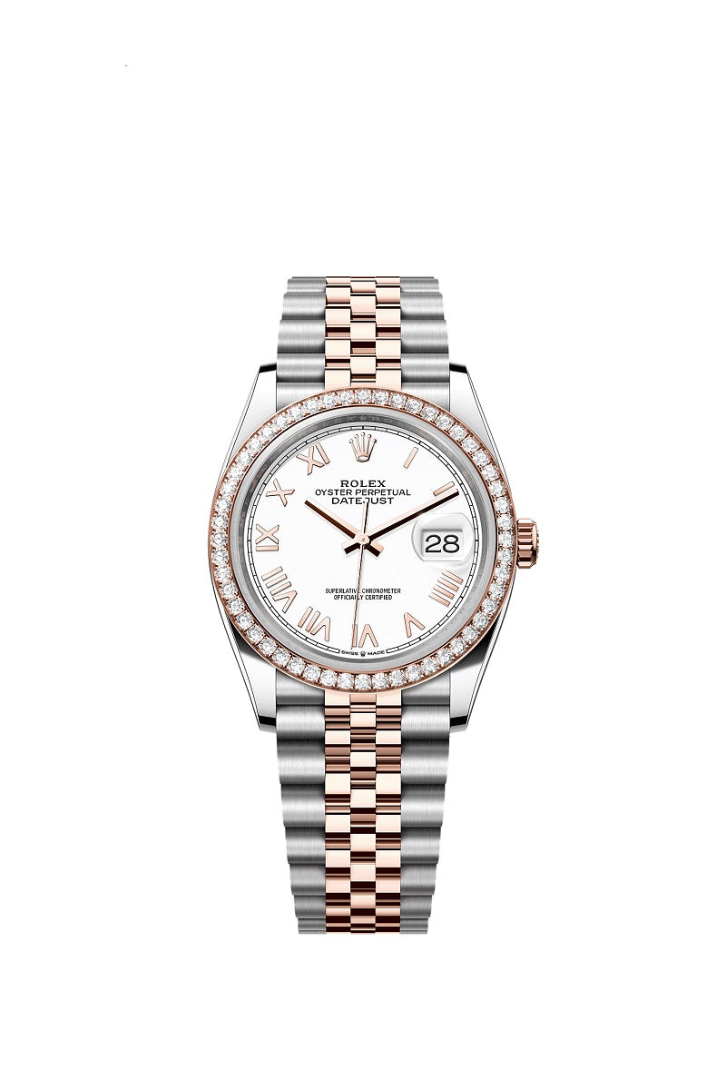 Rolex Datejust 36, Oystersteel and 18k Everose Gold, Intense white Roman dial, Diamond-set bezel Jubilee, Ref# 126281rbr-0033