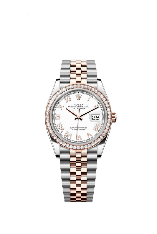 Rolex Datejust 36, Oystersteel and 18k Everose Gold, Intense white Roman dial, Diamond-set bezel Jubilee, Ref# 126281rbr-0033