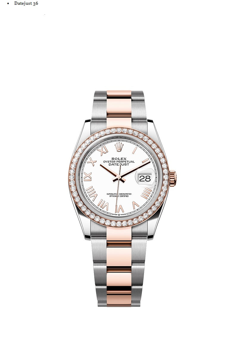 Rolex Datejust 36, Oystersteel and 18k Everose Gold, Intense white Roman dial, Diamond-set bezel Oyster, Ref# 126281rbr-0034