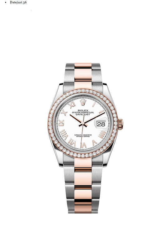 Rolex Datejust 36, Oystersteel and 18k Everose Gold, Intense white Roman dial, Diamond-set bezel Oyster, Ref# 126281rbr-0034