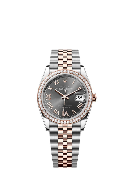 Rolex Datejust 36, Oystersteel and 18k Everose Gold, Slate set with diamonds dial, Diamond-set bezel Jubilee, Ref# 126281rbr-0035
