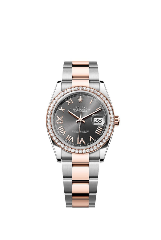 Rolex Datejust 36, Oystersteel and 18k Everose Gold, Slate set with diamonds dial, Diamond-set bezel Oyster, Ref# 126281rbr-0036