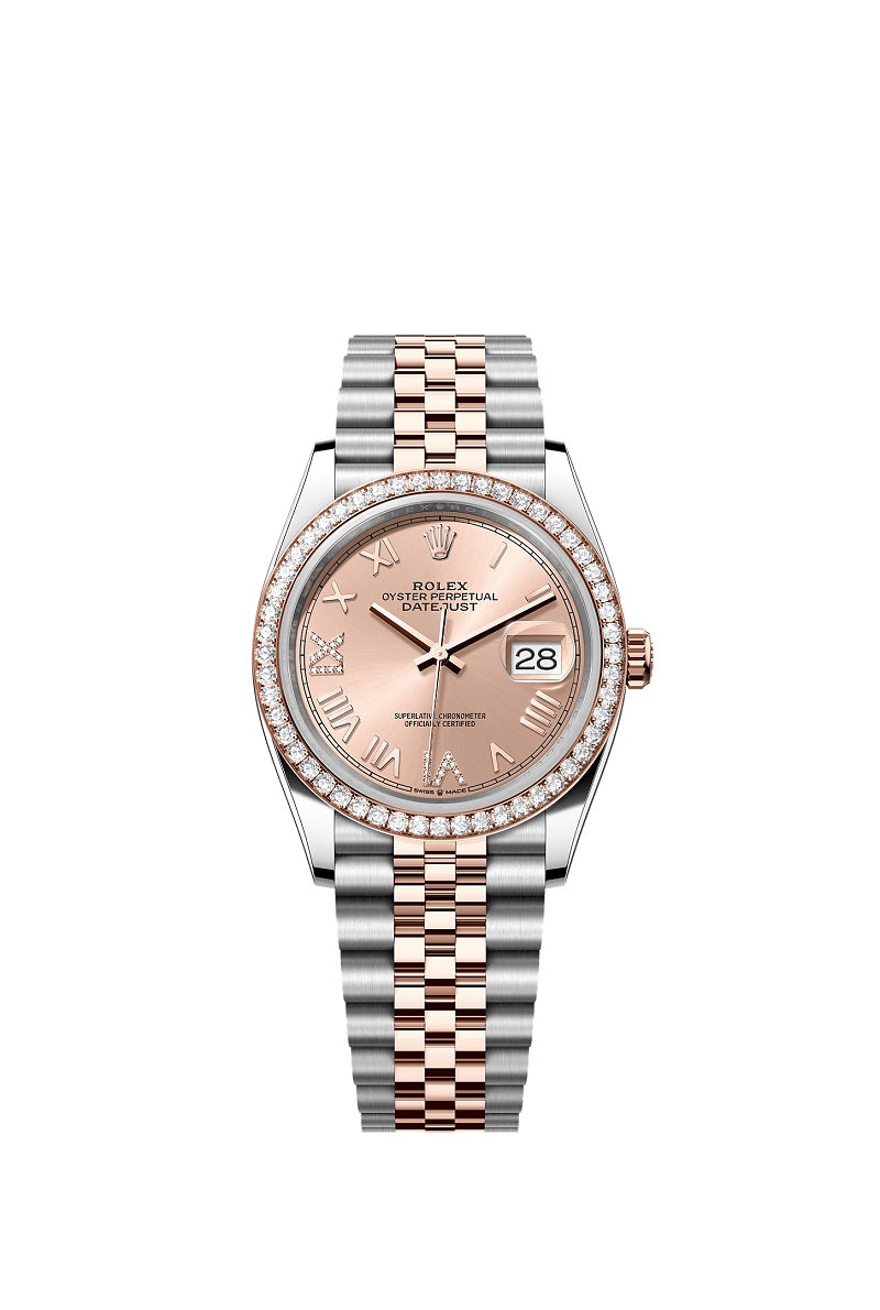 Rolex Datejust 36, Oystersteel and 18k Everose Gold, Rosé-colour set with diamonds dial, Diamond-set bezel Jubilee, Ref# 126281rbr-0037