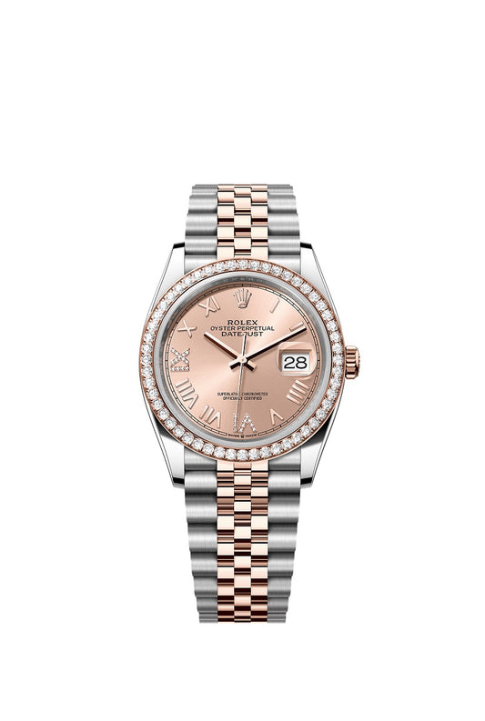 Rolex Datejust 36, Oystersteel and 18k Everose Gold, Rosé-colour set with diamonds dial, Diamond-set bezel Jubilee, Ref# 126281rbr-0037
