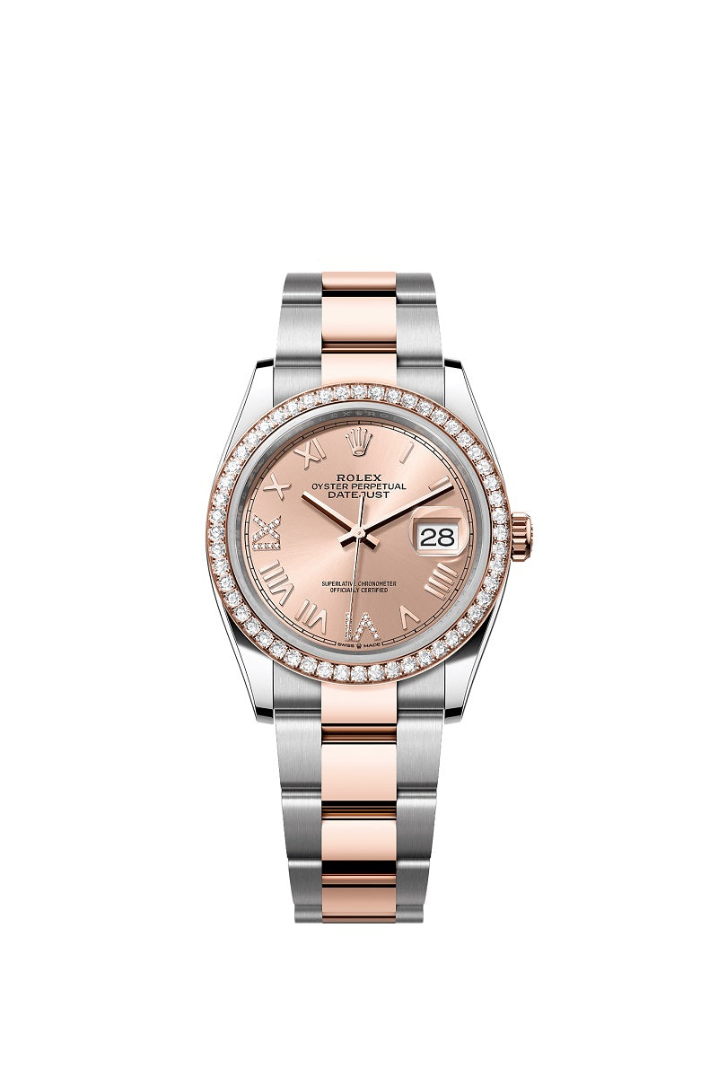 Rolex Datejust 36, Oystersteel and 18k Everose Gold, Rosé-colour set with diamonds dial, Diamond-set bezel Oyster, Ref# 126281rbr-0038