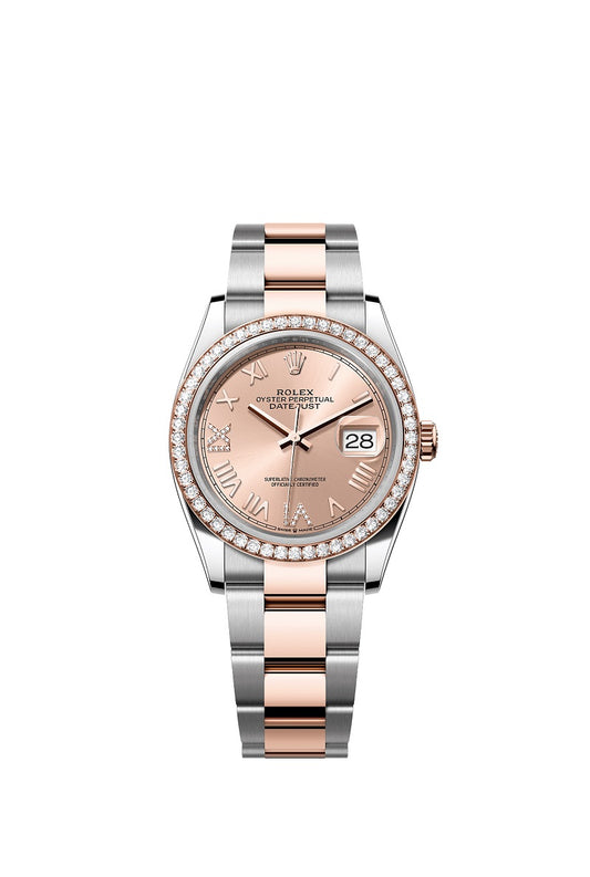 Rolex Datejust 36, Oystersteel and 18k Everose Gold, Rosé-colour set with diamonds dial, Diamond-set bezel Oyster, Ref# 126281rbr-0038