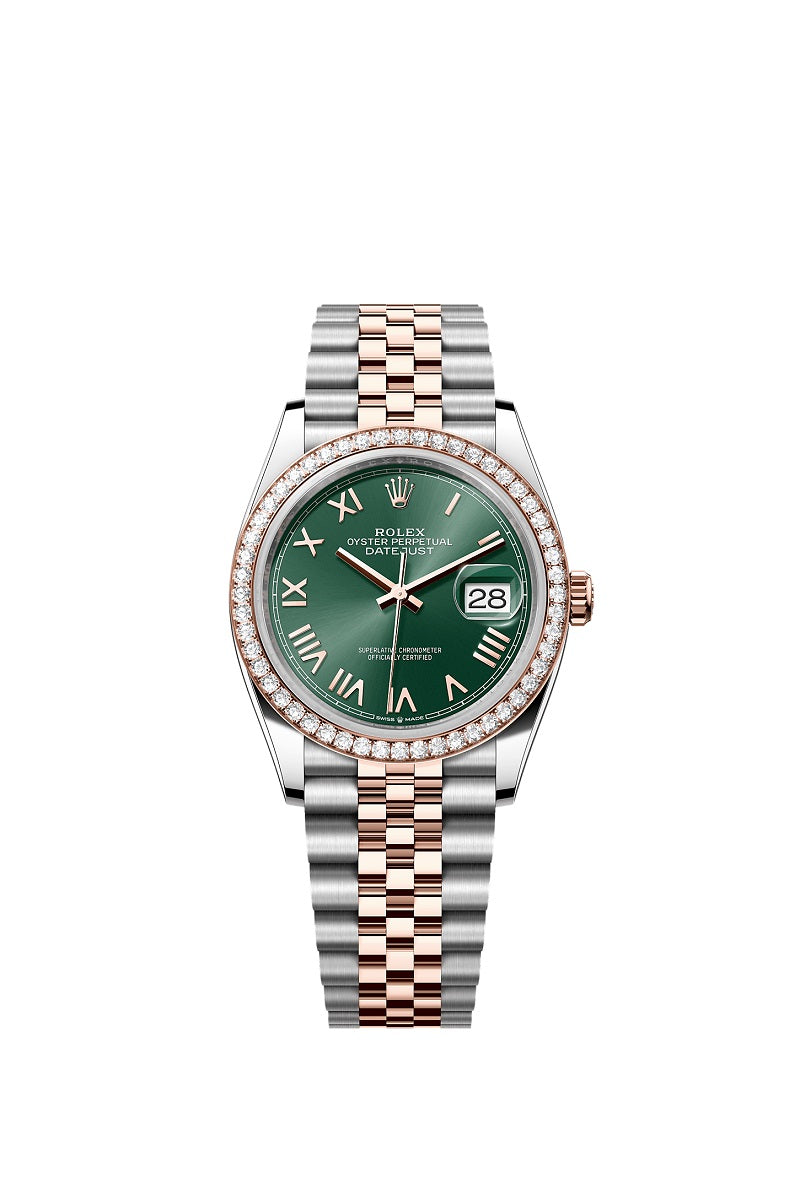 Rolex Datejust 36, Oystersteel and 18k Everose Gold, Mint green sunray Roman dial, Diamond-set bezel Jubilee, Ref# 126281rbr-0039