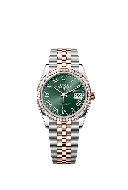 Rolex Datejust 36, Oystersteel and 18k Everose Gold, Mint green sunray Roman dial, Diamond-set bezel Jubilee, Ref# 126281rbr-0039