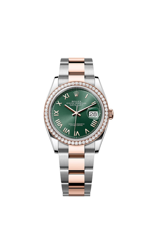 Rolex Datejust 36, Oystersteel and 18k Everose Gold, Mint green sunray Roman dial, Diamond-set bezel Oyster, Ref# 126281rbr-0040