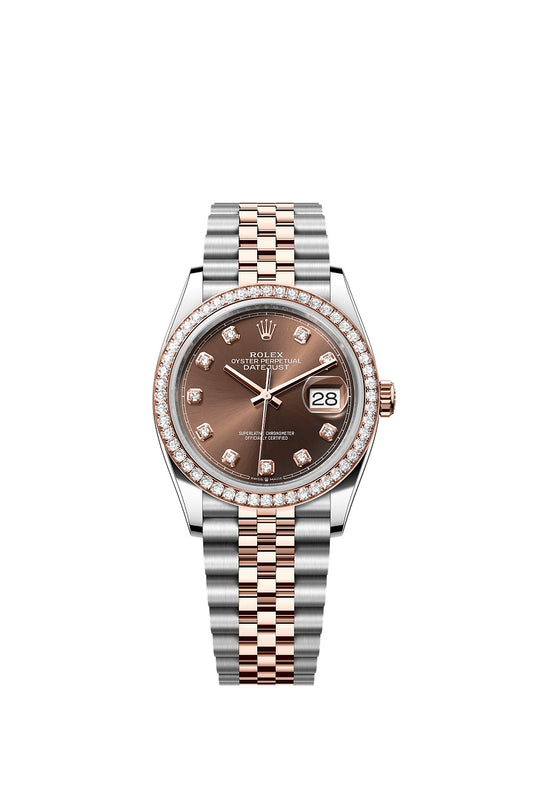 Rolex Datejust 36, Oystersteel and 18k Everose Gold, Chocolate sunray set with 10 diamonds dial, Diamond-set bezel Jubilee, Ref# 126281rbr-0041