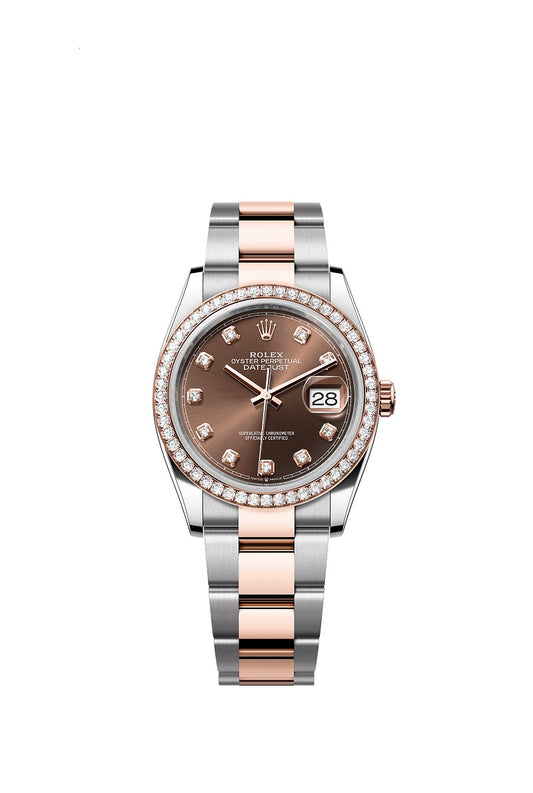 Rolex Datejust 36, Oystersteel and 18k Everose Gold, Chocolate sunray set with 10 diamonds dial, Diamond-set bezel Oyster, Ref# 126281rbr-0042
