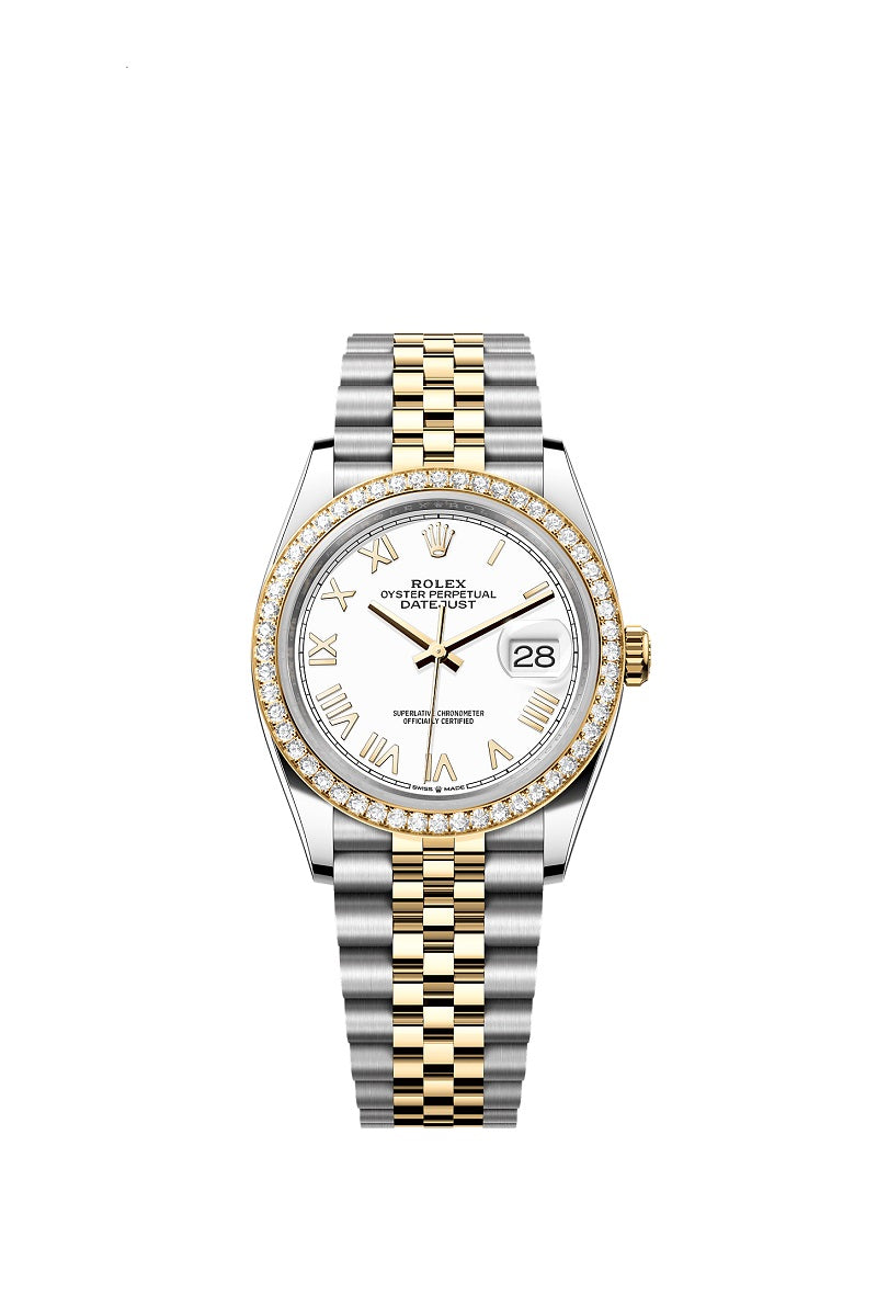 Rolex Datejust 36, Oystersteel and 18k Yellow Gold, Intense white Roman dial, Diamond-set bezel Jubilee, Ref# 126283RBR-0033