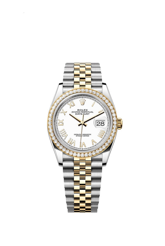 Rolex Datejust 36, Oystersteel and 18k Yellow Gold, Intense white Roman dial, Diamond-set bezel Jubilee, Ref# 126283RBR-0033