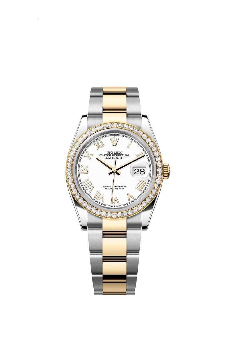 Rolex Datejust 36, Oystersteel and 18k Yellow Gold, Intense white Roman dial, Diamond-set bezel Oyster, Ref# 126283RBR-0034