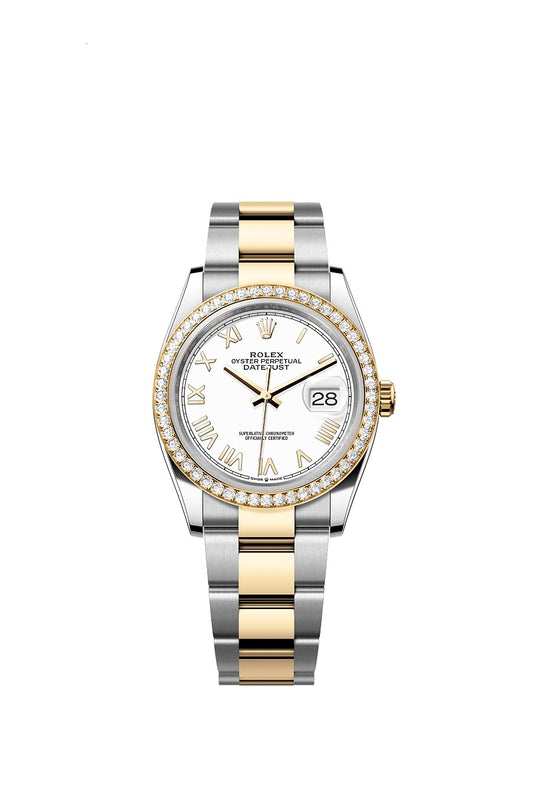 Rolex Datejust 36, Oystersteel and 18k Yellow Gold, Intense white Roman dial, Diamond-set bezel Oyster, Ref# 126283RBR-0034