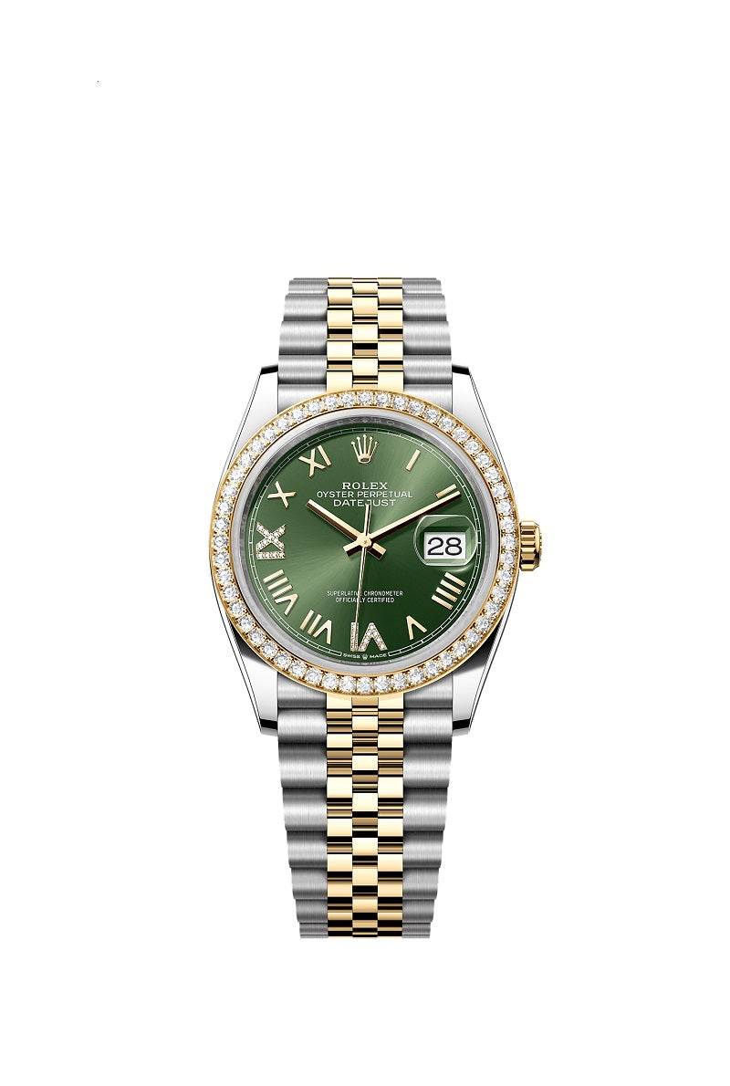 Rolex Datejust 36, Oystersteel and 18k Yellow Gold, Olive green sunray set with Diamonds dial, Diamond-set bezel Jubilee, Ref# 126283RBR-0035