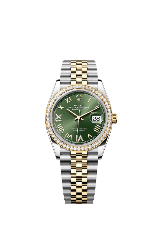 Rolex Datejust 36, Oystersteel and 18k Yellow Gold, Olive green sunray set with Diamonds dial, Diamond-set bezel Jubilee, Ref# 126283RBR-0035