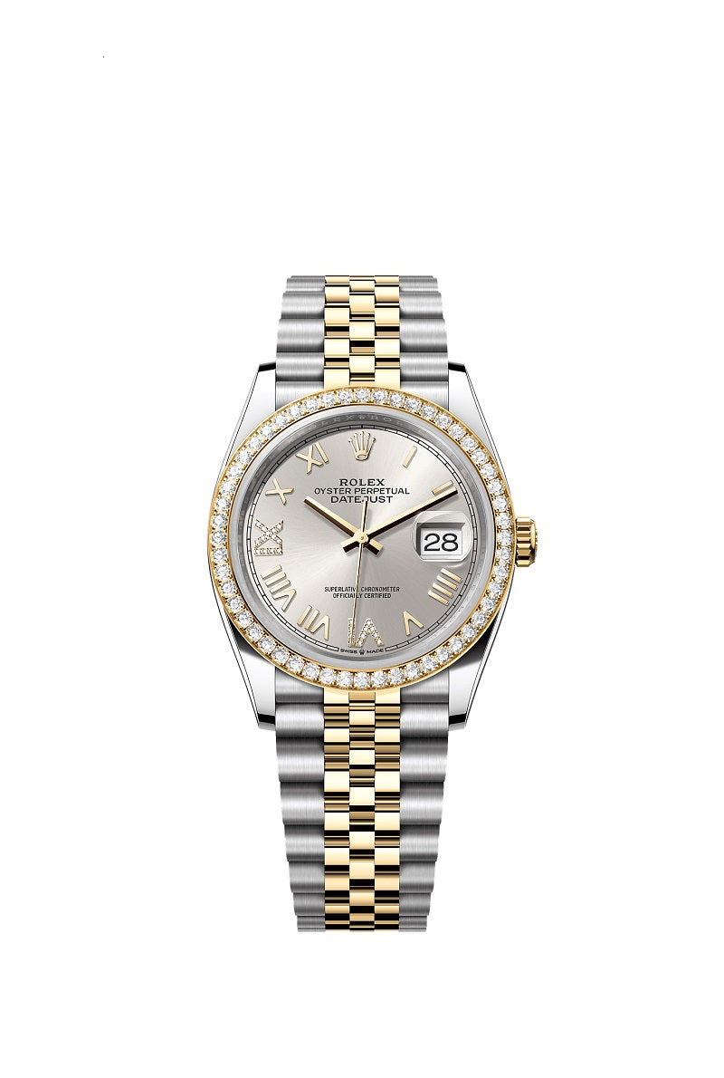 Rolex Datejust 36, Oystersteel and 18k Yellow Gold, Silver sunray set with Diamonds dial, Diamond-set bezel Jubilee, Ref# 126283RBR-0037